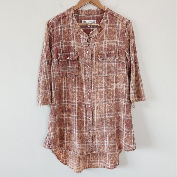 Crazy Train Plaid Bleach Splatter Button Front Shirt, M - Picture 1 of 9
